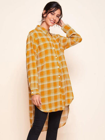 Plaid High Low Button Up Blouse - takostyle