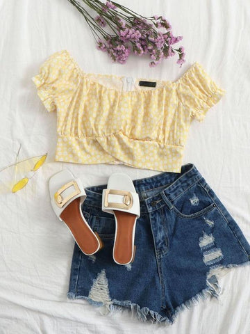 Puff Sleeve Zip Back Ditsy Floral Crop Top - takostyle