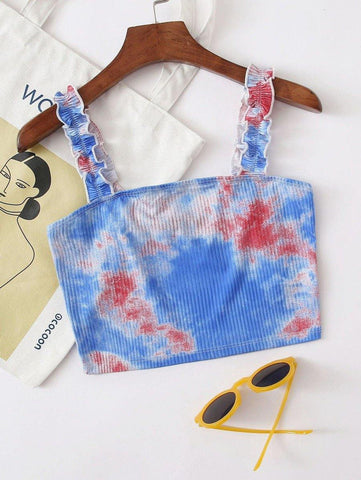 Frill Strap Rib-knit Tie Dye Crop Top - takostyle
