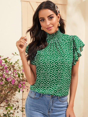 Shirred Neck Butterfly Sleeve Ditsy Floral Top - takostyle