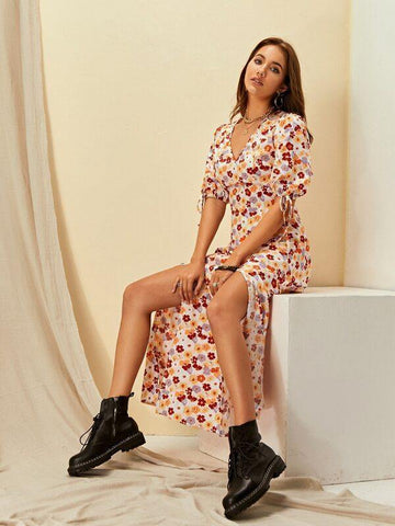Knot Cuff M-slit Hem Floral Dress - takostyle