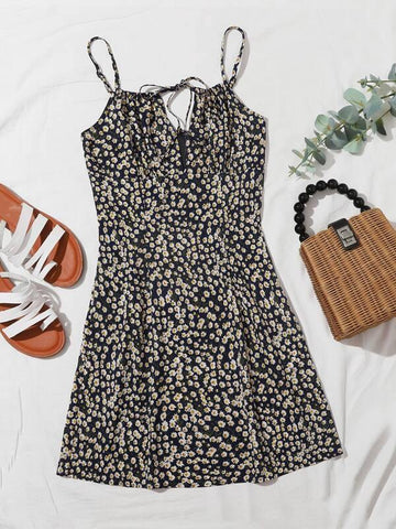 Tie Neck Ruched Bust Ditsy Floral Slip Dress - takostyle