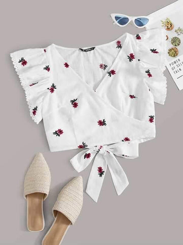 Lace Trim Floral Embroidery Wrap Tie Back Top - takostyle