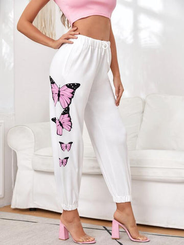 Butterfly Print Side Drawstring Waist Sweatpants - takostyle