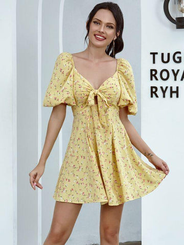 Double Crazy Puff Sleeve Knotted Ditsy Floral Dress - takostyle