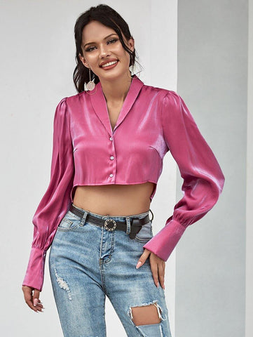 Double Crazy Lantern Sleeve Silky Crop Blouse - takostyle