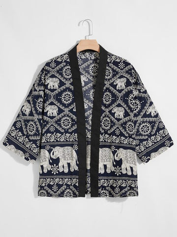 Men Drop Shoulder Contrast Edge Open Front Tribal Print Shirt