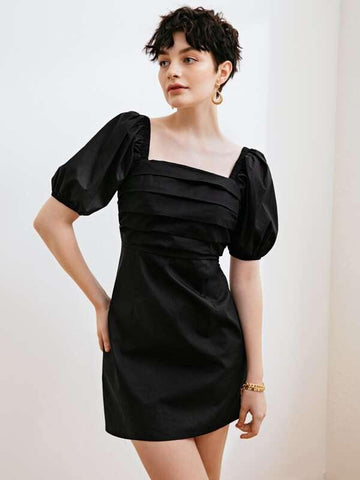 Square Neck Puff Sleeve Ruched Bust Solid Dress - takostyle