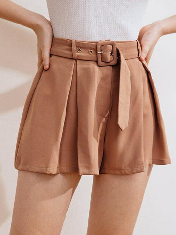 Boxy Pleated Buckle Belted Shorts - takostyle