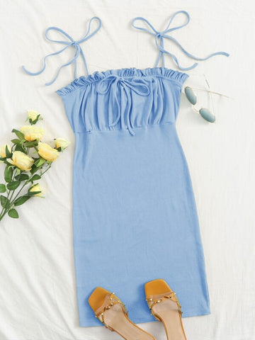 Tie Shoulder Frill Trim Ruched Bust Bodycon Dress