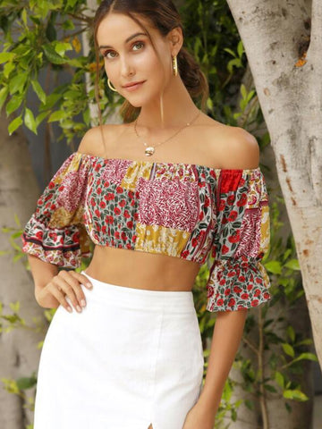 Off Shoulder Ruffle Cuff Shirred Patchwork Crop Top - takostyle