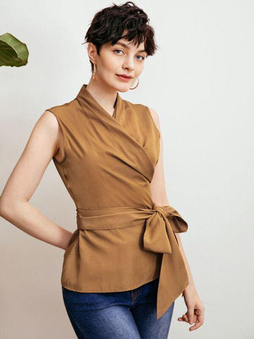 Solid Wrap Belted Sleeveless Top - takostyle