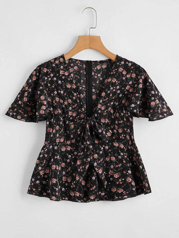 Knot Front Ruffle Hem Ditsy Floral Blouse - takostyle