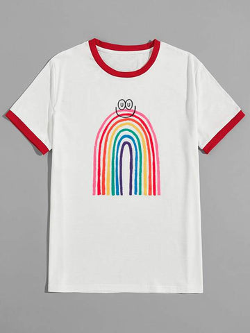Men Contrast Binding Rainbow Print Tee