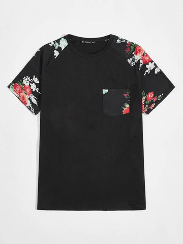 Men Floral Print Pocket Patched Raglan Sleeve Tee
