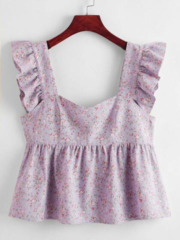 Sweetheart Neck Ruffle Trim Ditsy Floral Peplum Top - takostyle