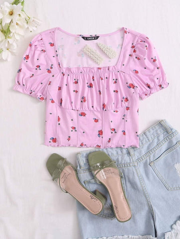 Ruched Bust Frill Trim Floral Top - takostyle