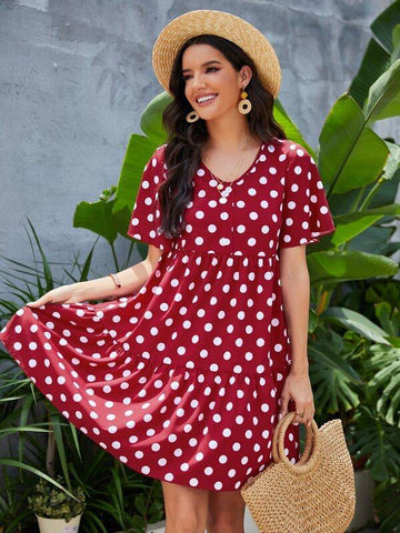 Polka Dot Butterfly Sleeve Ruffle Hem Smock Dress - takostyle