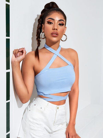 Cutout Detail Crisscross Halter Top - takostyle