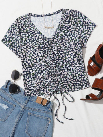 Ditsy Floral Drawstring Front Tee - takostyle