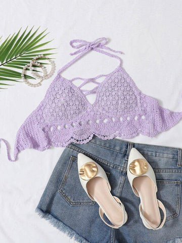 Crochet Criss Cross Tie Back Halter Top - takostyle