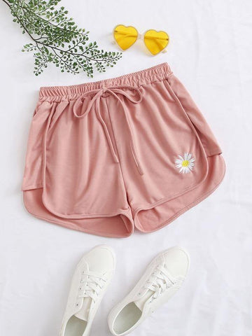 Daisy Embroidery Tie Front Dolphin Shorts - takostyle