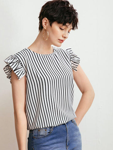 Vertical Striped Ruffle Sleeve Blouse - takostyle