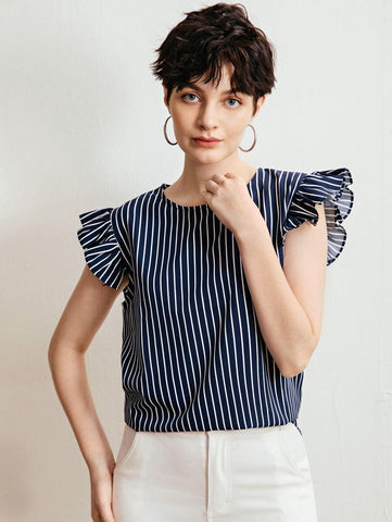 Vertical Striped Ruffle Sleeve Blouse - takostyle