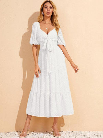 Swiss Dot Tie Front Lantern Sleeve Ruffle Hem Dress - takostyle