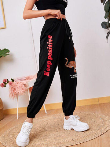 Leopard and Slogan Graphic Sweatpants - takostyle