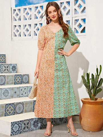V-neck Ditsy Floral Spliced A-line Dress - takostyle