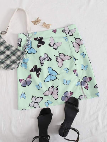 Zip Back Slit Hem Butterfly Print Skirt - takostyle