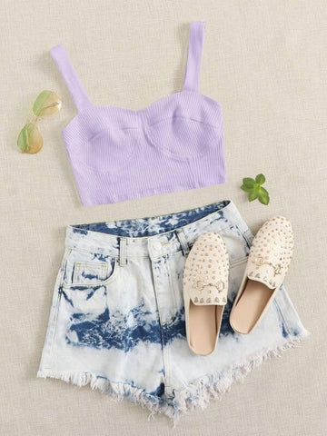 Solid Rib-knit Bustier Crop Top - takostyle