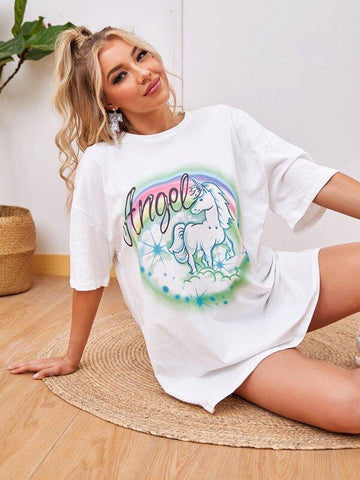 Cartoon Unicorn & Letter Graphic Oversized Tee - takostyle