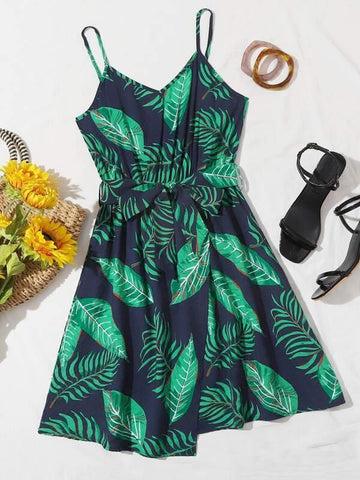 Tropical Print Self Tie Wrap Cami Dress - takostyle