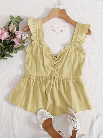 Ruffle Trim Ruched Detail Peplum Top - takostyle