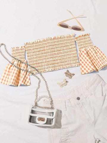 Buffalo Plaid Flounce Sleeve Shirred Top - takostyle