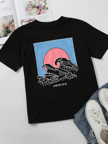 Graphic Print Short Sleeve Tee - takostyle