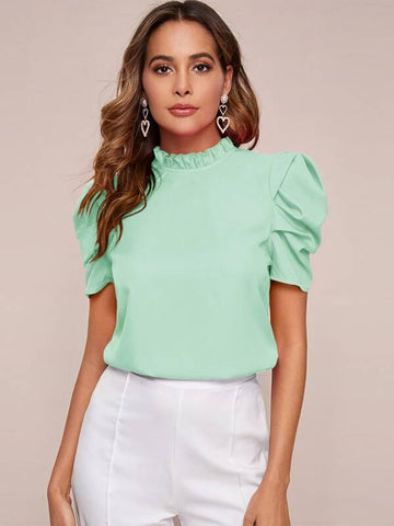 Frilled Neck Puff Sleeve Top - takostyle