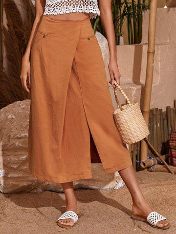 Raw Trim Buttoned Front Foldover Split Hem Skirt - takostyle