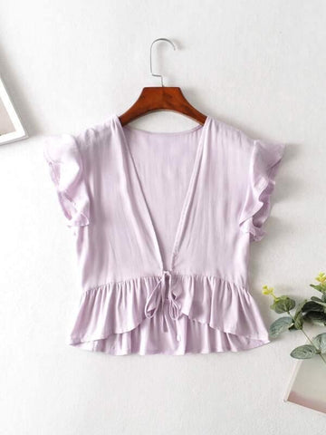 Tie Front Ruffle Cuff Crop Top - takostyle