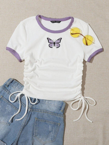 Butterfly Print Drawstring Side Rib-knit Ringer Tee - takostyle