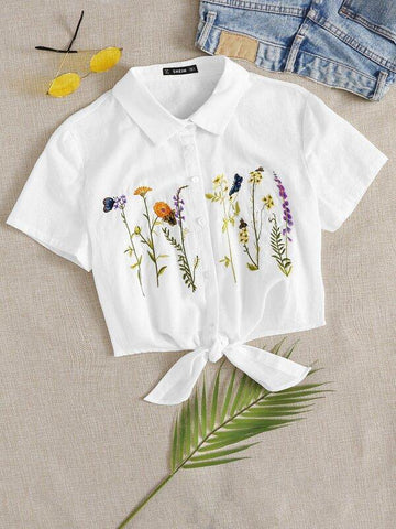 Plants Embroidery Tied Hem Blouse - takostyle