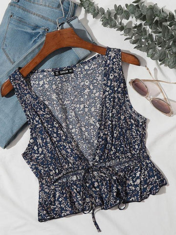 Plunging Neck Tie Front Ditsy Floral Peplum Top - takostyle