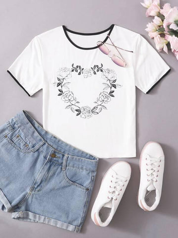 Floral Print Contrast Binding Tee - takostyle