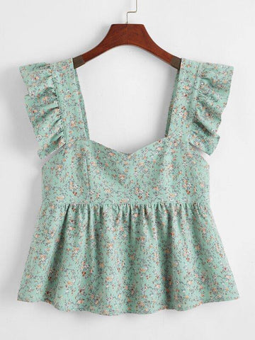 Ruffle Trim Ditsy Floral Peplum Top - takostyle