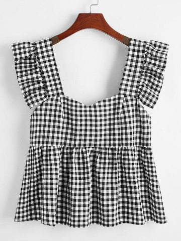 Buffalo Plaid Ruffle Trim Peplum Top - takostyle
