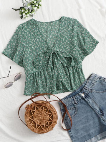 Knot Front Ditsy Floral Ruffle Hem Blouse - takostyle