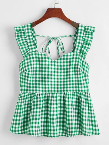 Tie Back Ruffle Trim Gingham Peplum Top - takostyle