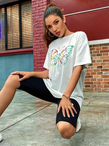 Butterfly Print Drop Shoulder Tee - takostyle